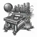 Design a tattoo showcasing a DJ booth with a skyline of Dallas in the background, reflecting the client's occupation and favorite place tattoo design idea