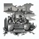 Design a tattoo showcasing a DJ booth with a skyline of Dallas in the background, reflecting the client's occupation and favorite place tattoo design idea