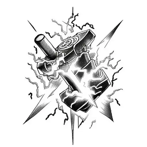 thor's hammer of marvel surrounded by lightning bolts in black and white tattoo design idea