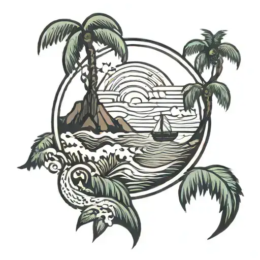 waves mountains palm tree intertwined tattoo design idea
