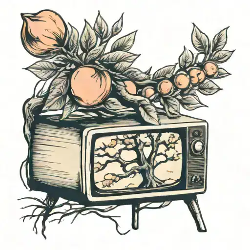broken tv with a peach tree growing out of it  tattoo design idea