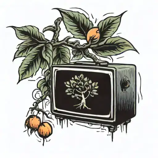 broken tv with a peach tree growing out of it  tattoo design idea