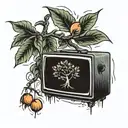 broken tv with a peach tree growing out of it  tattoo design idea