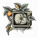broken tv with a peach tree growing out of it  tattoo design idea