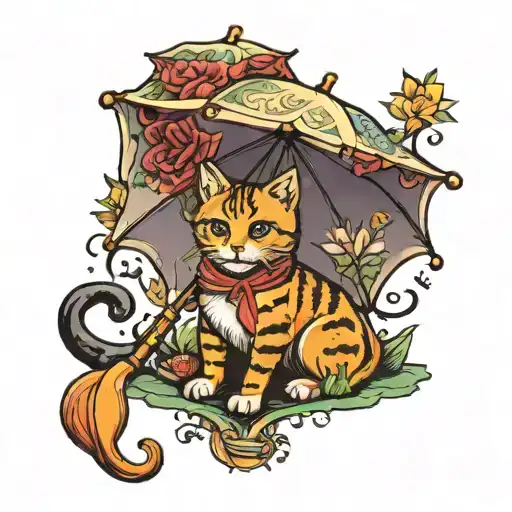 cat with umbrella tattoo design idea