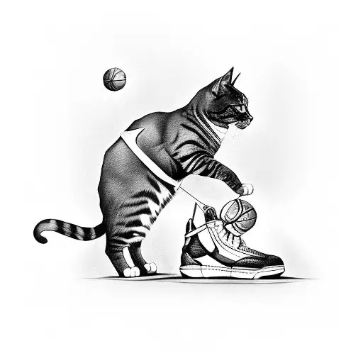 A cat wearing basketball shoes playing with a sheet metal airplane tattoo design idea