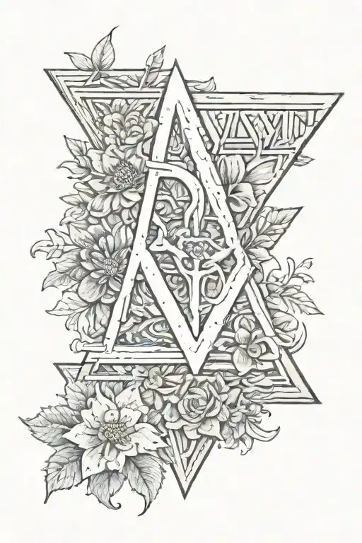 yhwh name written, 3 traingles, flowers tattoo design idea