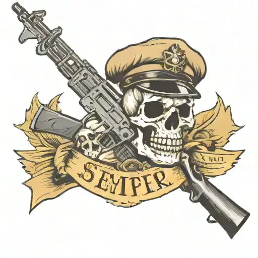 A traditional style tattoo of a skull wearing a military beret and holding a rifle, with a banner that reads 'Semper Fi' tattoo design idea