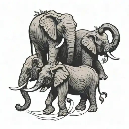 three animated elephants hanging off each other, first one is responsible, second one is chill the one at the end cheeky tattoo design idea