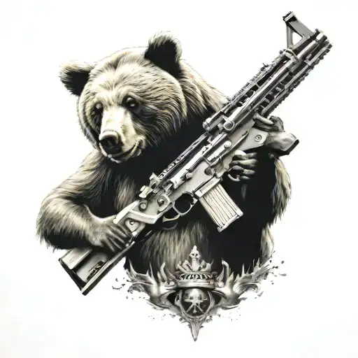 bear with a golden machine gun and a crown tattoo design idea