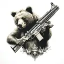 bear with a golden machine gun and a crown tattoo design idea