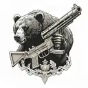 bear with a golden machine gun and a crown tattoo design idea