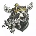 bear with a golden machine gun and a crown tattoo design idea