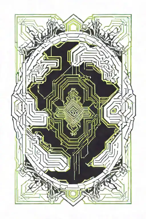 web. lines coming out of the center to the top and to the bottom. in the center is a chip. symmetrical. rectangle tattoo design idea