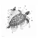 primroses and violets with turtles or butterflies, fine line tattoo design idea