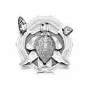 primroses and violets with turtles or butterflies, fine line tattoo design idea