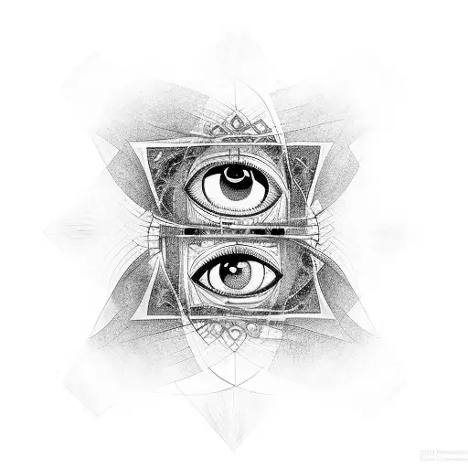 eyes combined with tower in the middle and long with very thick lines gothic dark style, creative complex multiple eyes tattoo design idea