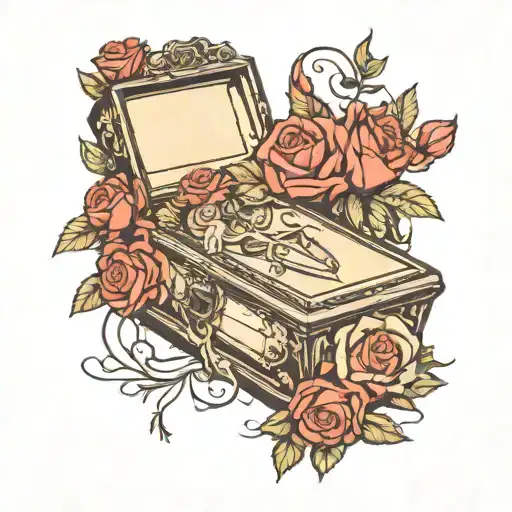 Traditional coffin surrounded by pin up style roses in a graveyard setting tattoo design idea