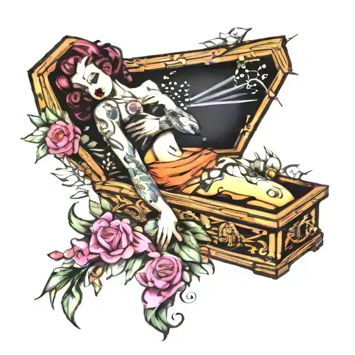 Coffin pinup sad tattoo design idea