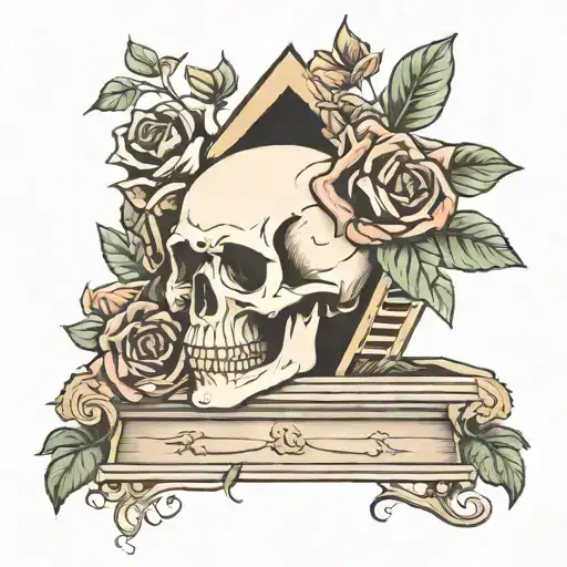 Traditional style skull and roses inside a coffin in a graveyard setting tattoo design idea