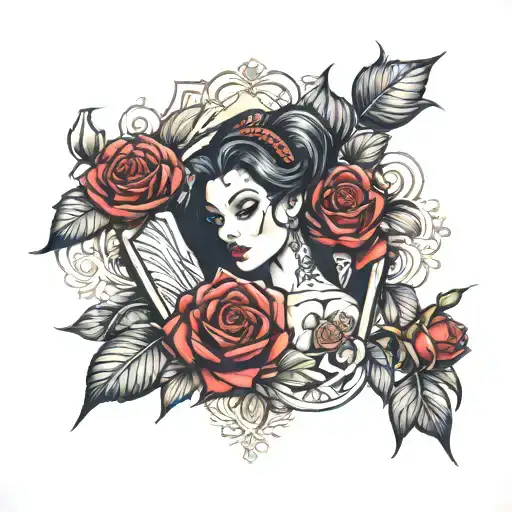 Coffin pinup roses tattoo design idea