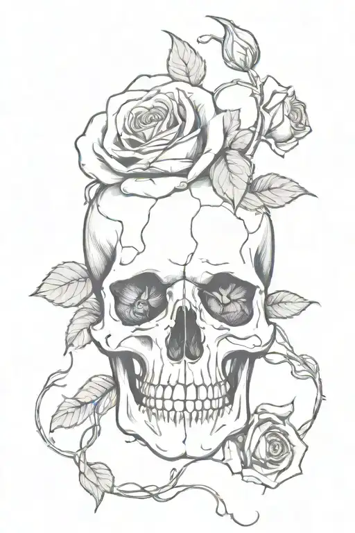 broken skull with roses growing inside and vines wrapped around  tattoo design idea