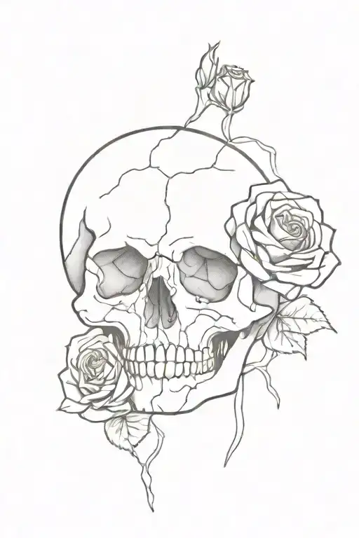 broken skull with roses growing inside tattoo design idea