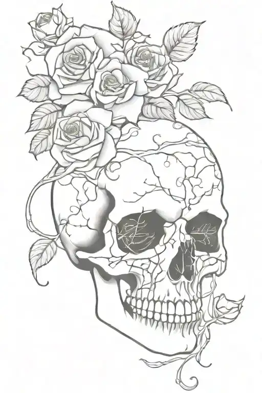broken skull with roses growing inside and vines wrapped around going out of the mouth into one of the eye sockets  tattoo design idea