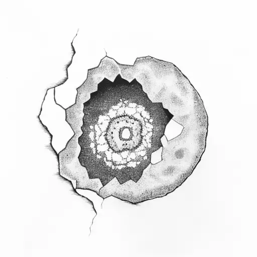 A geode cracked open to reveal a serene mountain landscape inside tattoo design idea