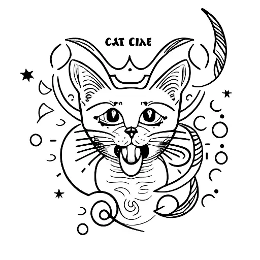 cat walking through crescent moon tattoo design idea
