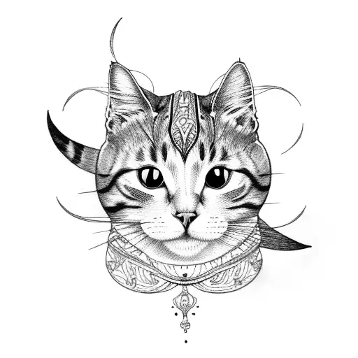 cat walking through crescent moon tattoo design idea
