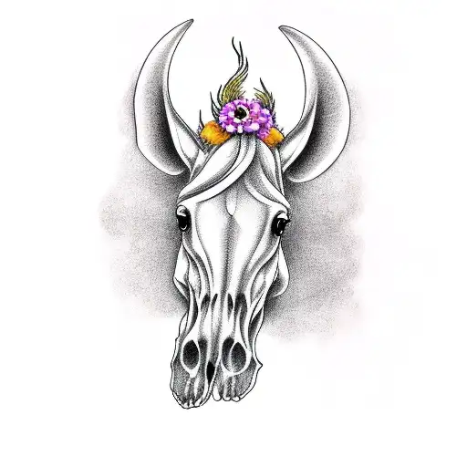 horse skull with foxtail flower tattoo design idea