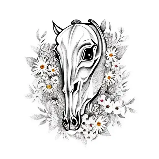 horse skull with wild flowers tattoo design idea