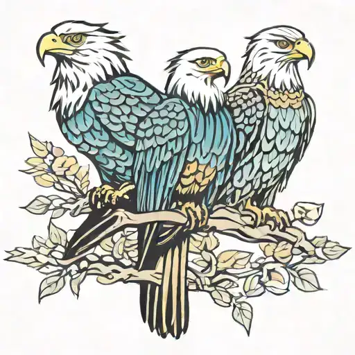 three birds one bald eagle, one golden eagle, and one resplendant quetzal on branch tattoo design idea