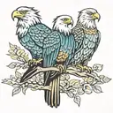 three birds one bald eagle, one golden eagle, and one resplendant quetzal on branch tattoo design idea