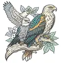 three birds one bald eagle, one golden eagle, and one resplendant quetzal on branch tattoo design idea