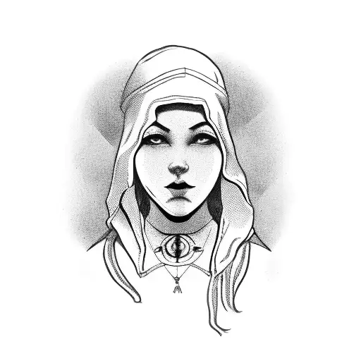 a girl in a balaclava and pistols nearby tattoo design idea