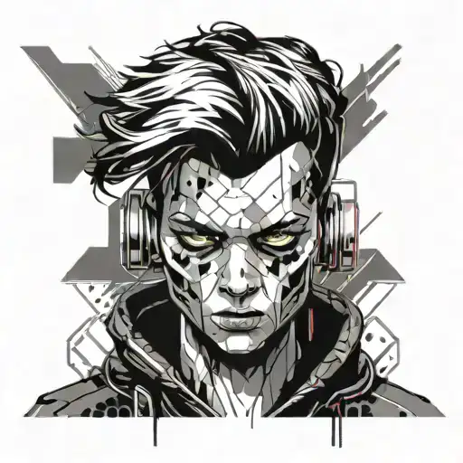 An abstract interpretation of a cyberpunk hacker character with short hair, incorporating elements of glitch art and digital distortion in the design tattoo design idea