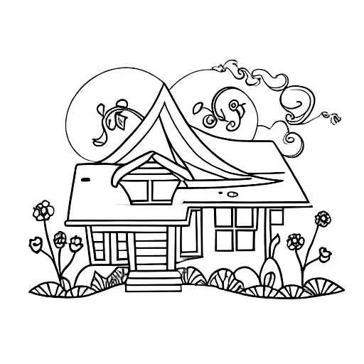 house with flower running through tattoo design idea