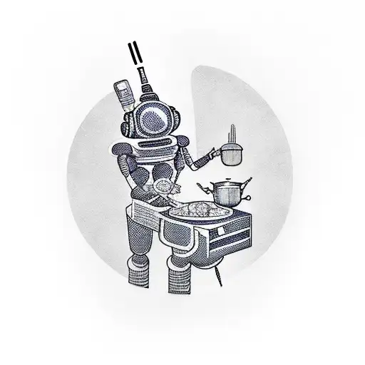 A tattoo design featuring a futuristic robot chef cooking in a spaceship kitchen tattoo design idea
