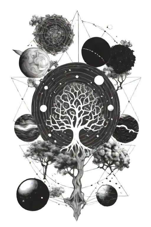tree solar system galaxy inside fine line art tattoo tattoo design idea