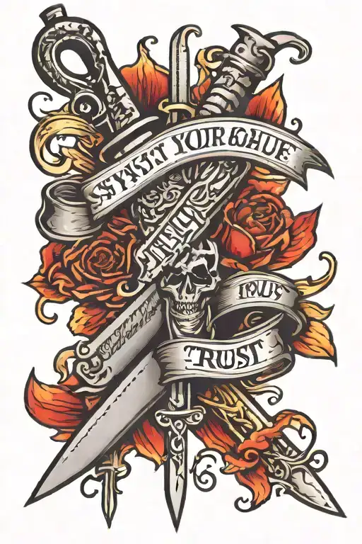 Switchblade with quote 'Trust your gut' written in traditional style tattoo font tattoo design idea