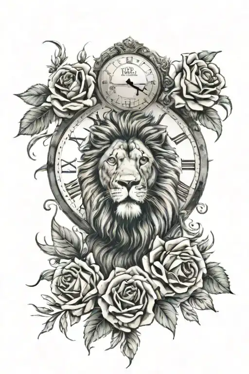 clocks roses lion roaring tattoo design idea