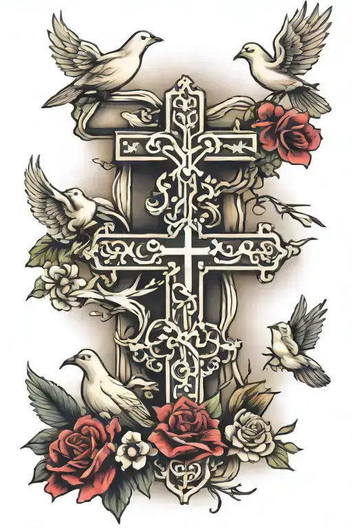 3 crosses with bibble verse and doves flying tattoo design idea
