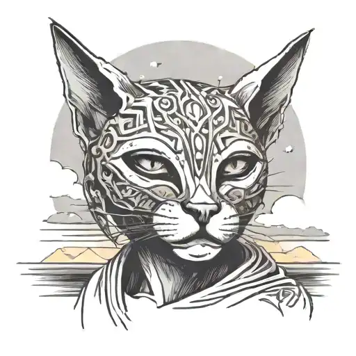 A sketch of a human wearing a gnaga cat-mask admiring a sunset on the horizon and connecting with the whole universe tattoo design idea