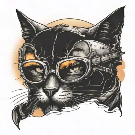 A sketch of a man wearing a gnaga cat-mask admiring a sunset on the horizon and connecting with the whole universe tattoo design idea