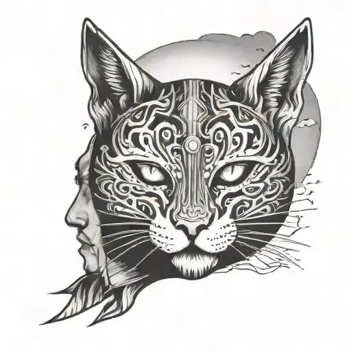 A sketch of a man wearing a gnaga cat-mask admiring a sunset on the horizon and connecting with the whole universe tattoo design idea