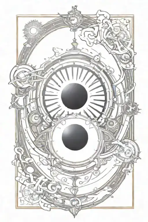 Solar eclipse with the moon between the earth and the sun, seen in space, steampunk tattoo design idea