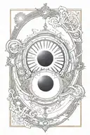 Solar eclipse with the moon between the earth and the sun, seen in space, steampunk tattoo design idea