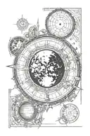 Solar eclipse with the moon between the earth and the sun, seen in space, steampunk tattoo design idea